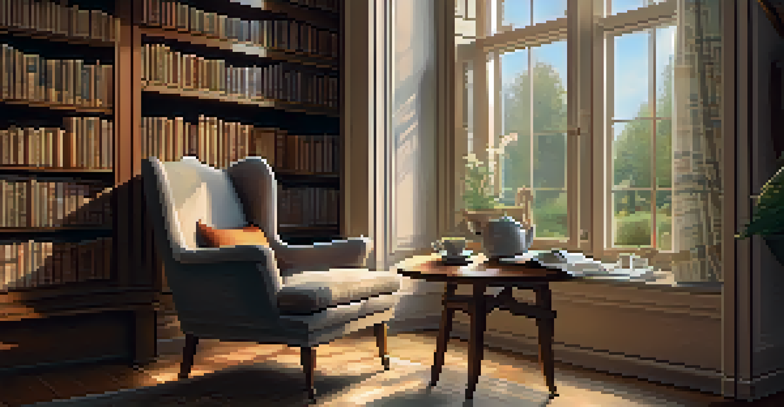 A comfortable indoor scene with a person reading by a window, warm light illuminating a cozy armchair and a table with tea.