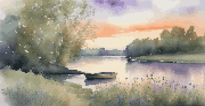 A tranquil riverbank scene during sunset, with blooming wildflowers and a small boat on the water.