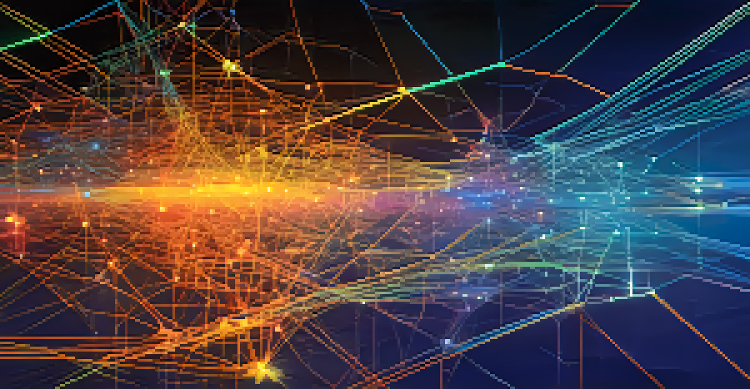 An abstract digital network representing AI and machine learning, with interconnected nodes and glowing data streams on a deep blue background.