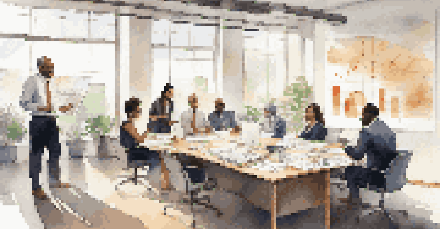 A diverse group of financial professionals brainstorming together in a bright office space.