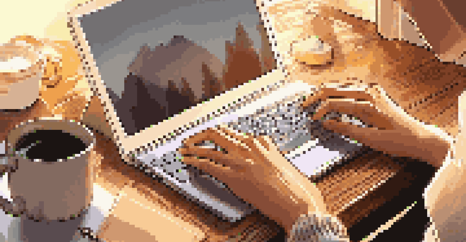 A close-up of hands typing on a laptop, with coffee and a notepad beside it, illuminated by golden sunlight.