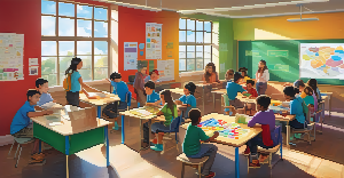 A colorful classroom with diverse students engaged in a collaborative game-based learning activity, surrounded by educational materials.