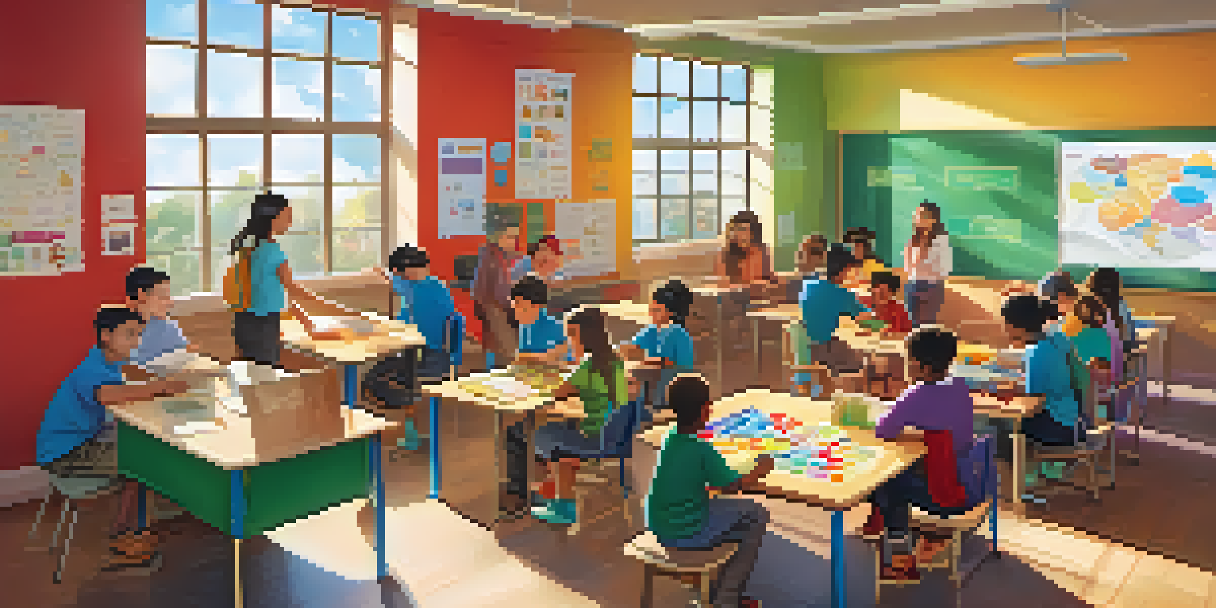 A colorful classroom with diverse students engaged in a collaborative game-based learning activity, surrounded by educational materials.
