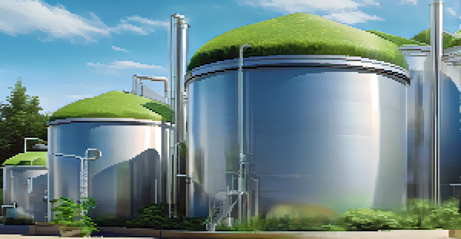 Stainless steel anaerobic digestion tanks with biogas bubbles, surrounded by green plants under a clear blue sky.