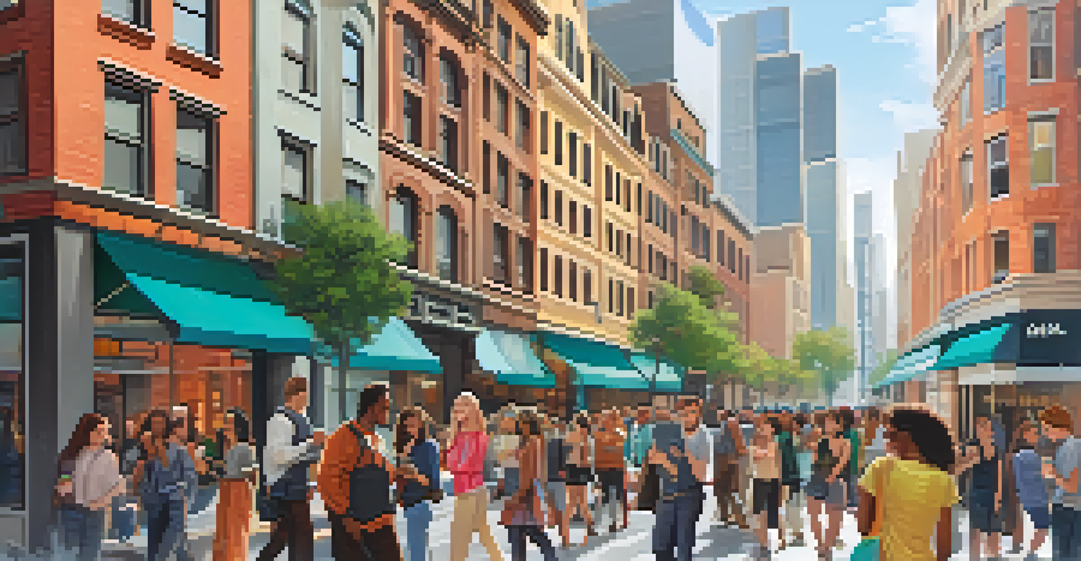 A diverse group of people using voice search on smartphones in a busy city setting.