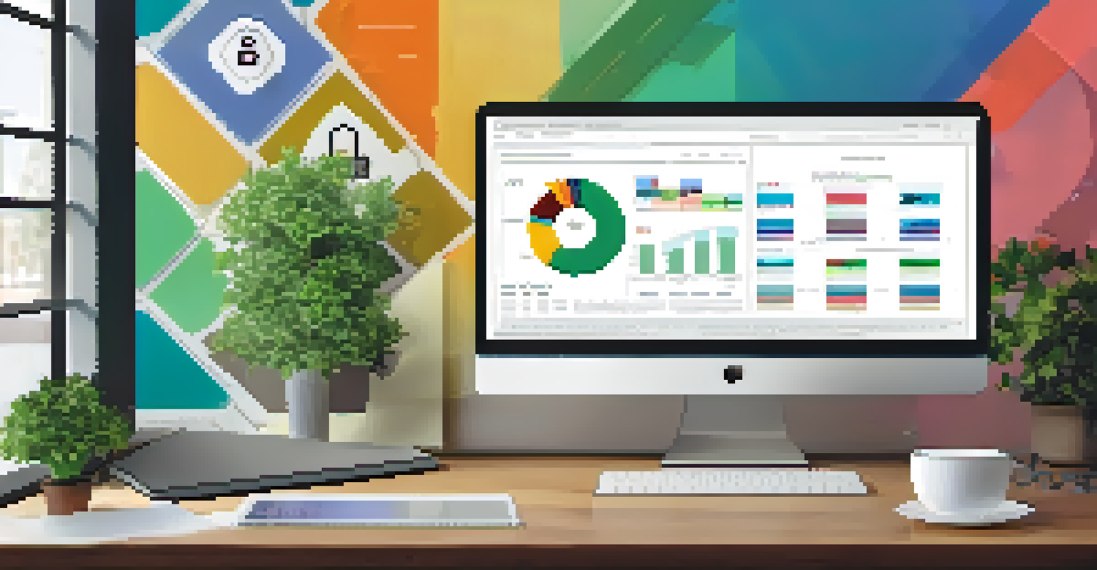A computer screen showing a data privacy audit dashboard with graphs and checklists, set in a cozy workspace.