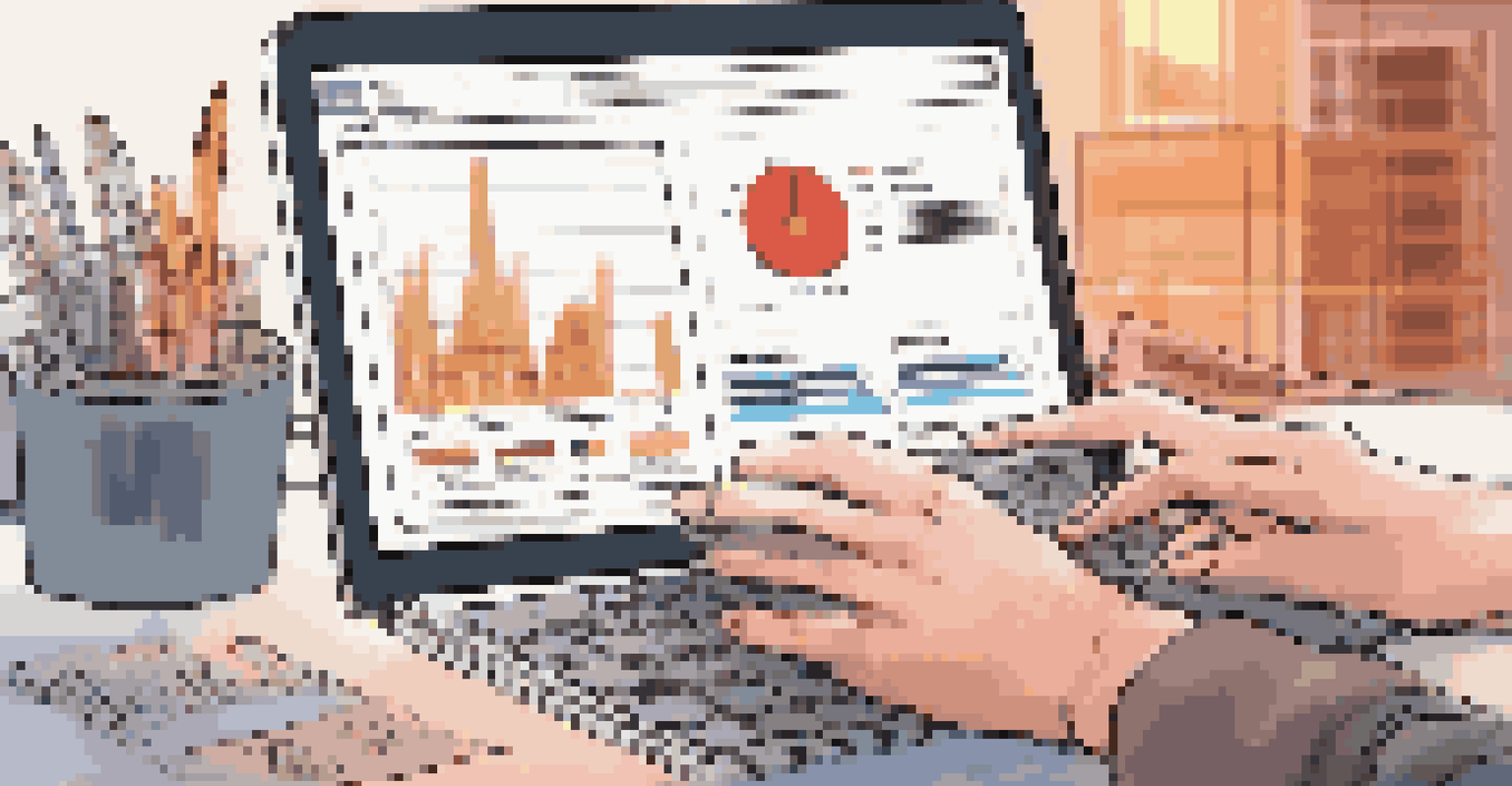A close-up of a hand on a laptop keyboard, displaying fraud detection graphs, with a notepad and pen on the desk.
