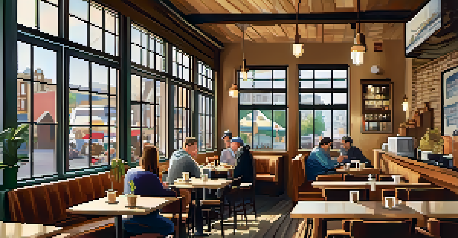 A warm and inviting coffee shop with rustic furniture, patrons engaged in conversation, and art on the walls, illuminated by cozy lighting.
