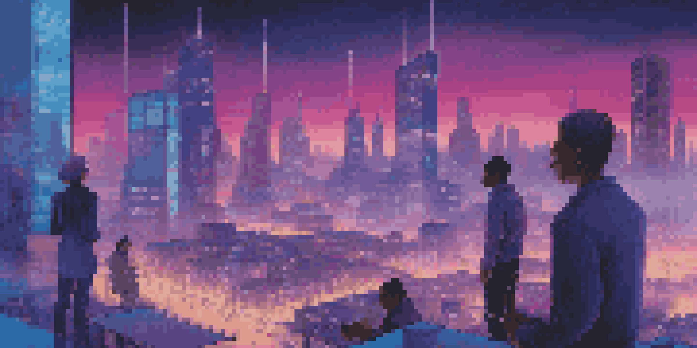 A vibrant futuristic city skyline at dusk, with neon lights and diverse people using digital devices.