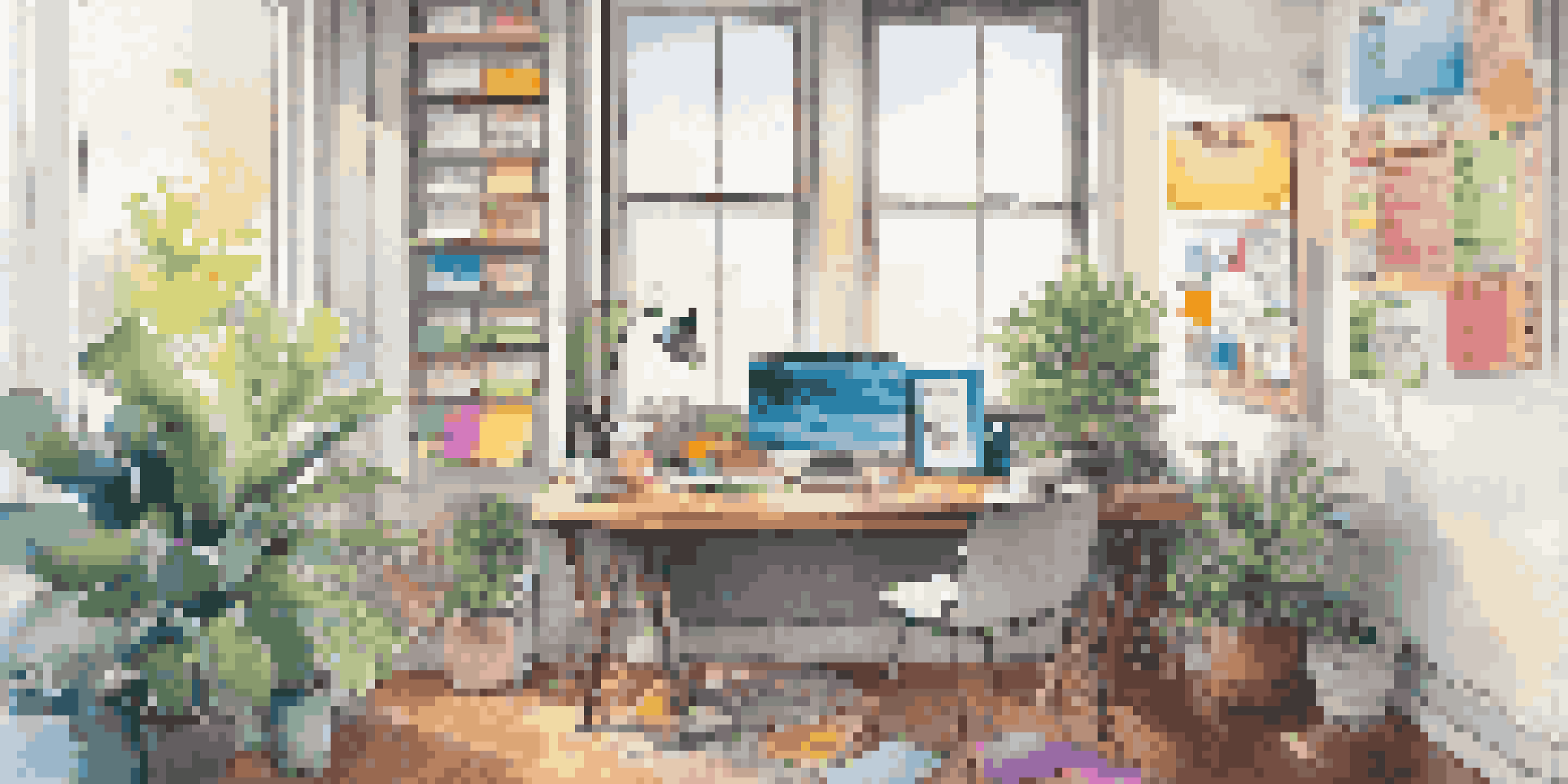 A modern workspace with a laptop displaying a social media dashboard, colorful sticky notes, a coffee cup, and a plant, illuminated by natural light.