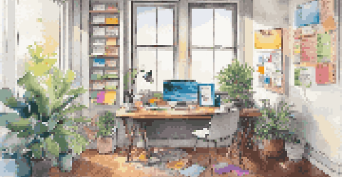 A modern workspace with a laptop displaying a social media dashboard, colorful sticky notes, a coffee cup, and a plant, illuminated by natural light.