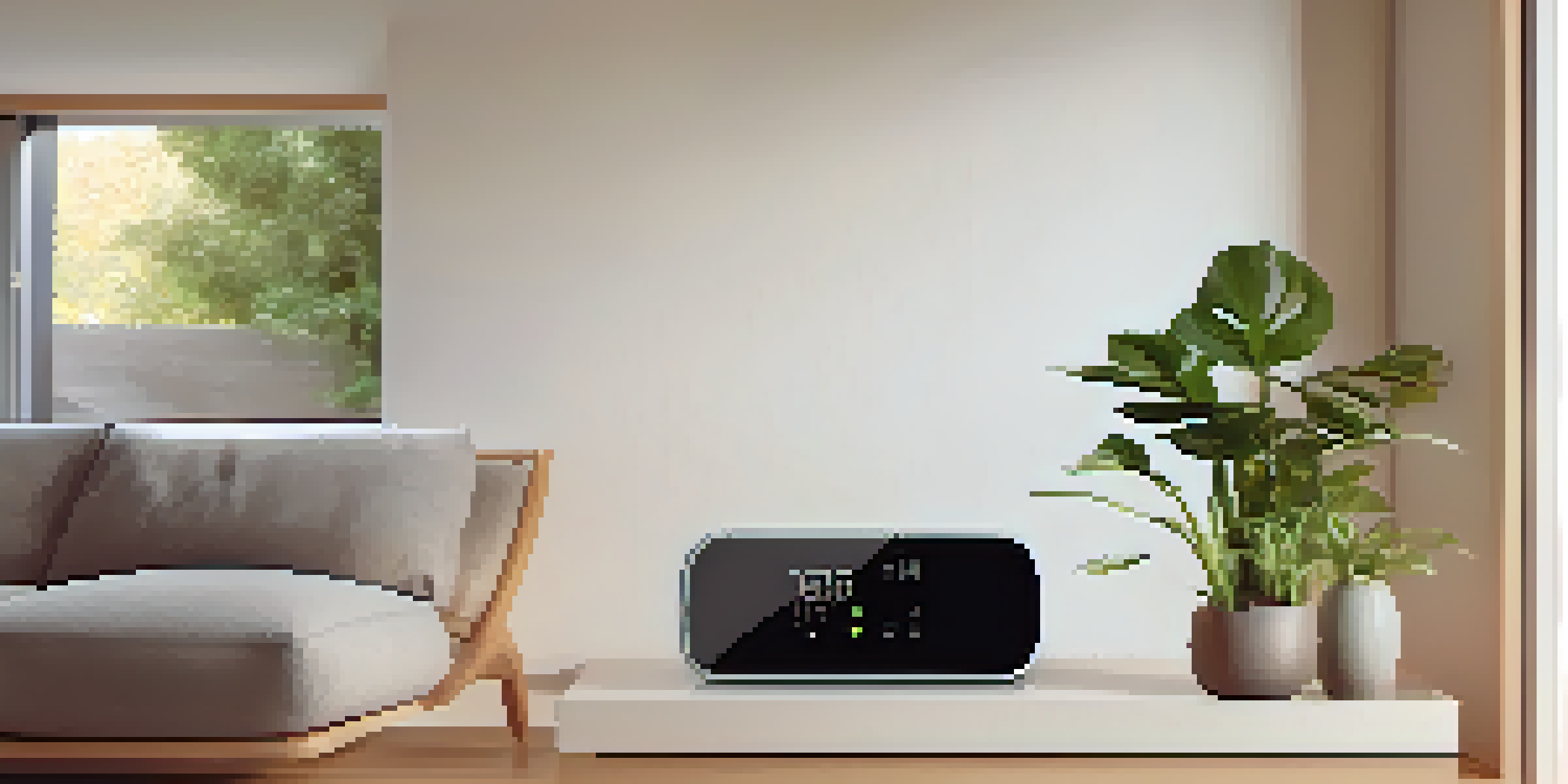 A modern smart thermostat displaying temperature data in a cozy living room with plants and a couch.