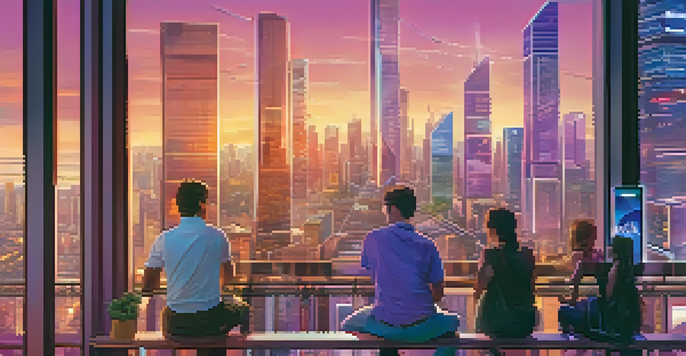 A vibrant city skyline at sunset with skyscrapers and digital billboards promoting 5G technology, and people using their devices on the streets.