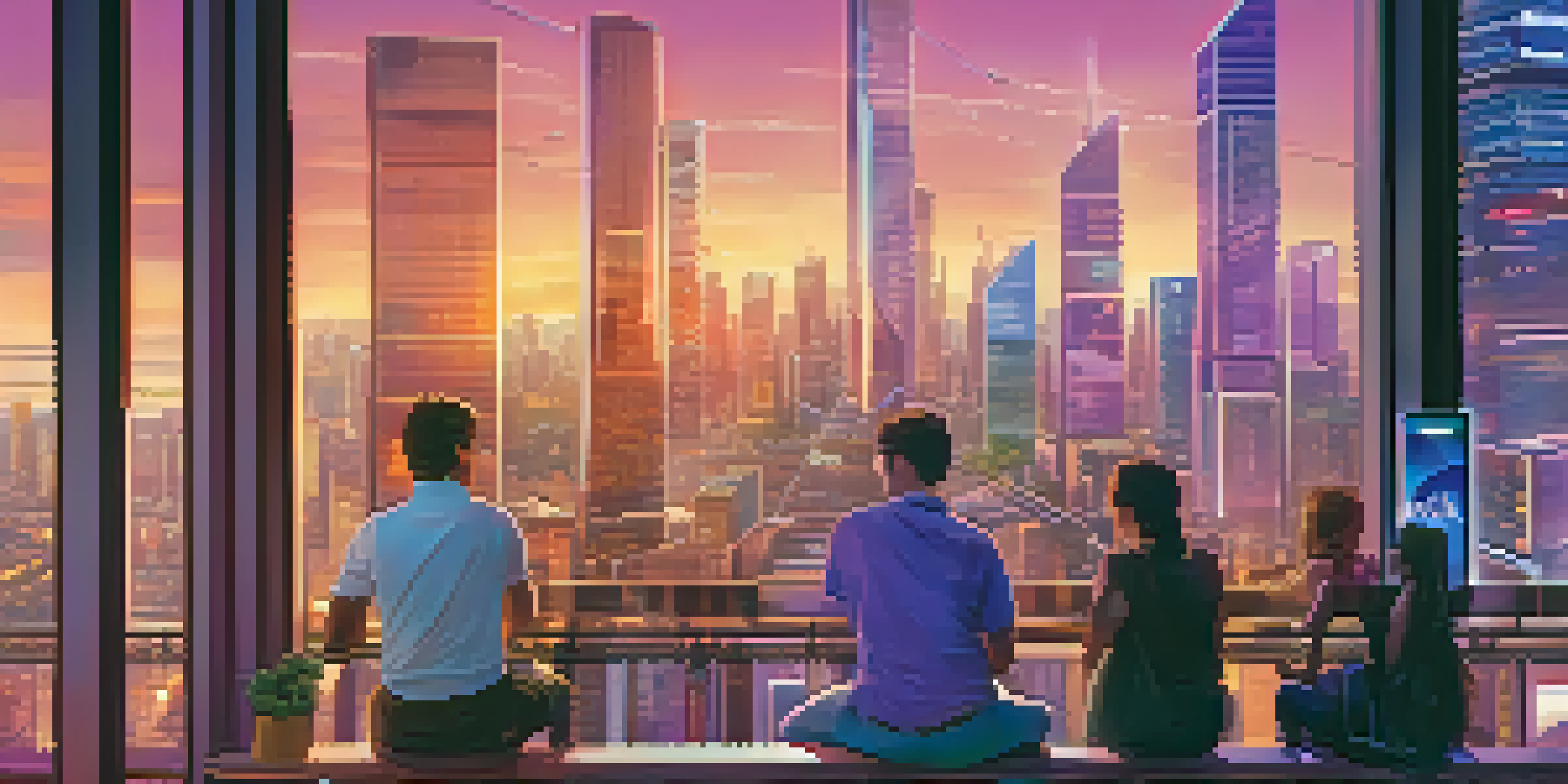 A vibrant city skyline at sunset with skyscrapers and digital billboards promoting 5G technology, and people using their devices on the streets.