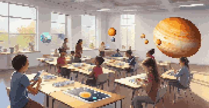 A diverse group of students in a brightly lit classroom, interacting with augmented reality models of the solar system using tablets and VR headsets.