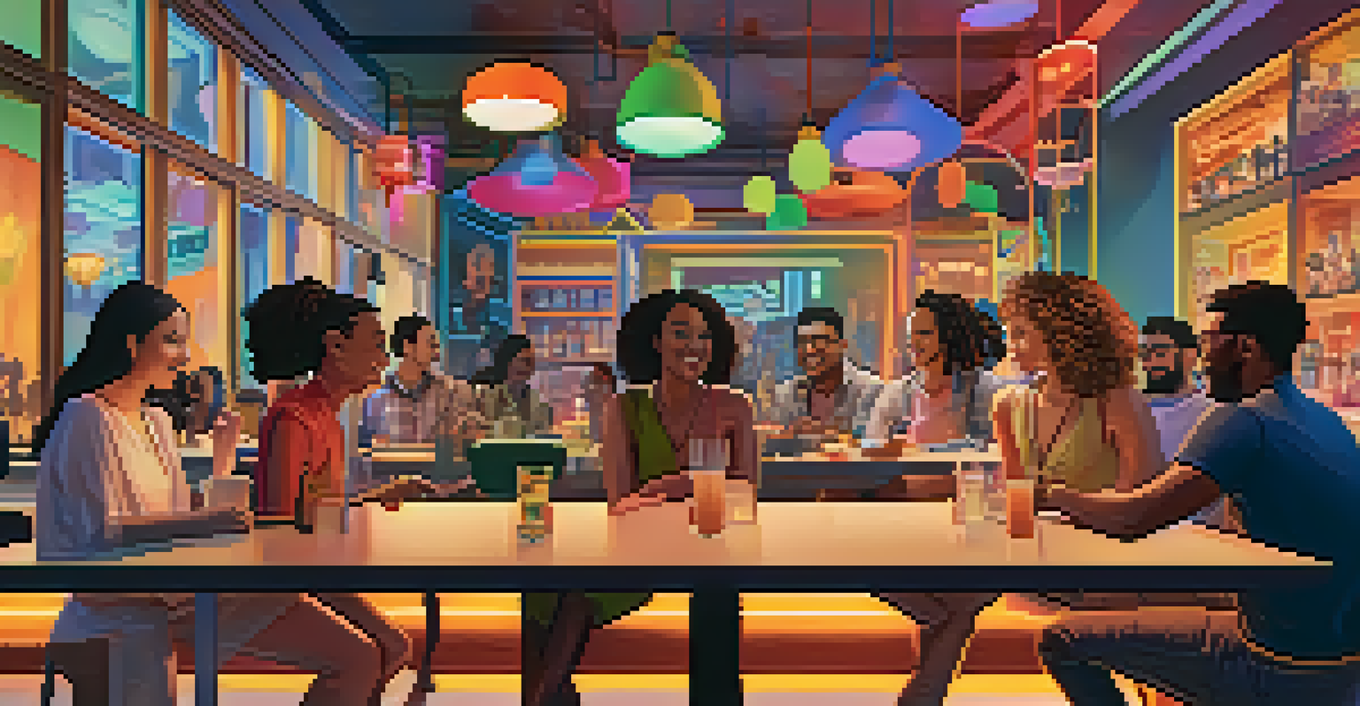 A virtual social gathering with diverse avatars in a café setting, representing community and connection among users.