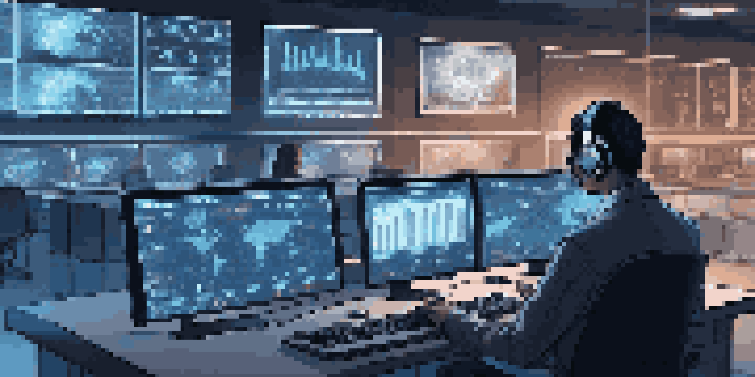 A digital forensics lab filled with computer screens showing data analysis, with a focused analyst working surrounded by blue LED lights.