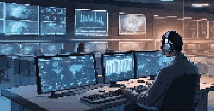 A digital forensics lab filled with computer screens showing data analysis, with a focused analyst working surrounded by blue LED lights.