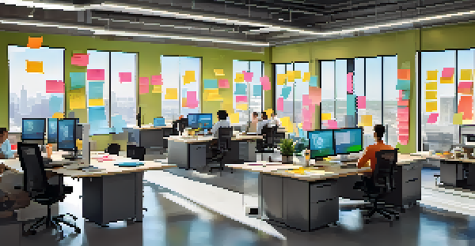 A diverse group of IT professionals working together in a bright office space with large windows and motivational posters.