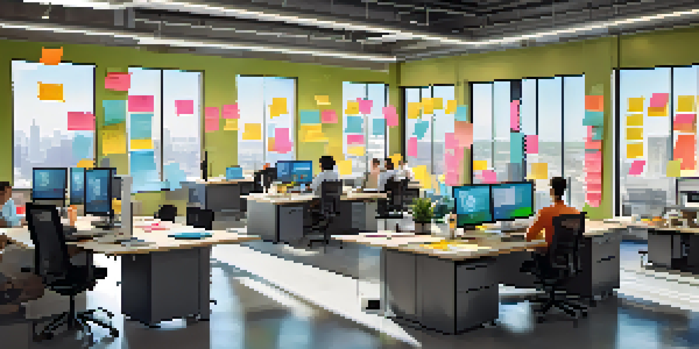 A diverse group of IT professionals working together in a bright office space with large windows and motivational posters.