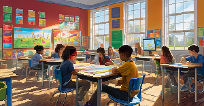 A lively classroom with students collaborating on projects, colorful educational posters around, and a digital scoreboard showing badges and points.