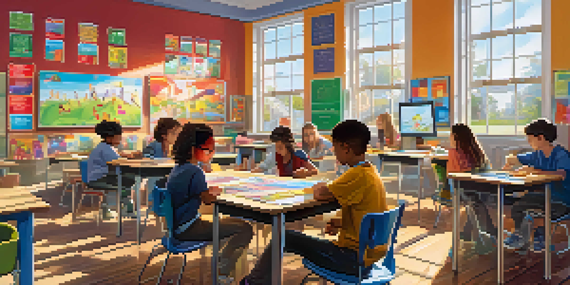 A lively classroom with students collaborating on projects, colorful educational posters around, and a digital scoreboard showing badges and points.