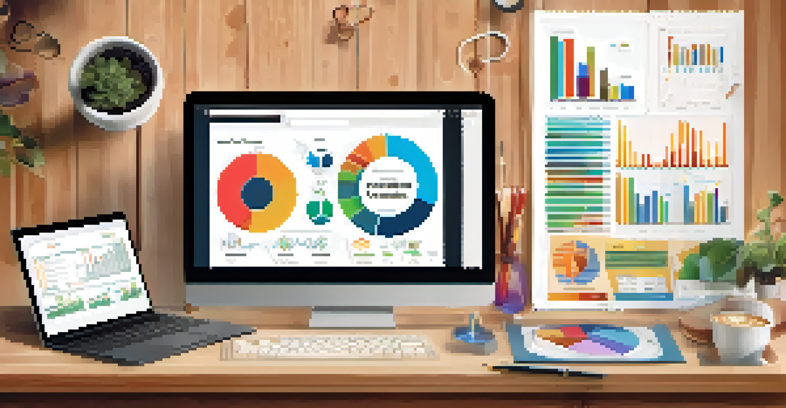 A digital marketing workspace with a laptop showing analytics, colorful charts, and a pinboard with marketing strategies.