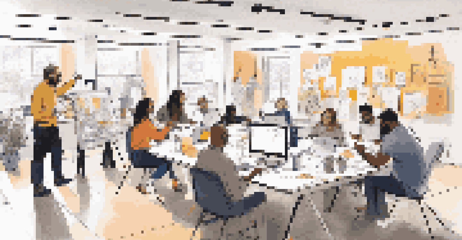 A diverse group collaborating in a workshop setting, surrounded by sketches and digital devices, emphasizing teamwork and creativity.