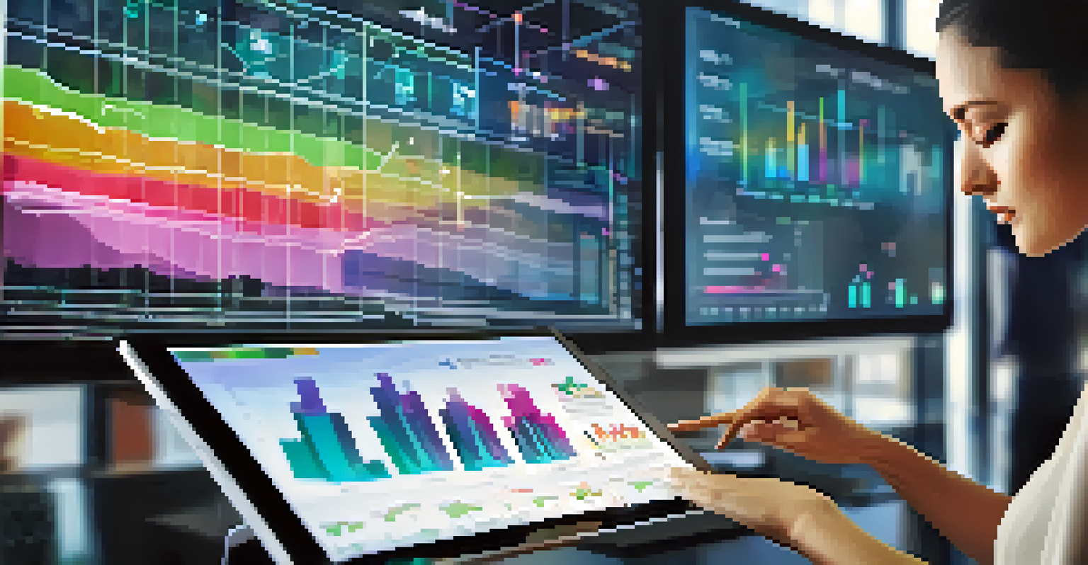 A close-up of a person using a touchscreen interface with cloud analytics graphs and data, set in a collaborative office environment.