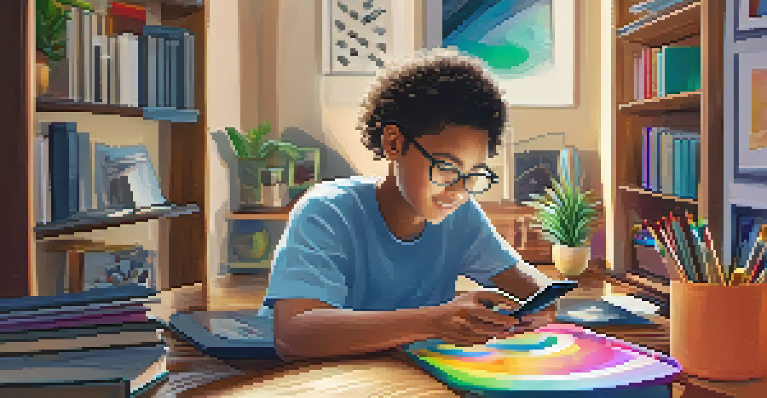 A student in a cozy living room using a smartphone to design an augmented reality project, surrounded by art supplies.