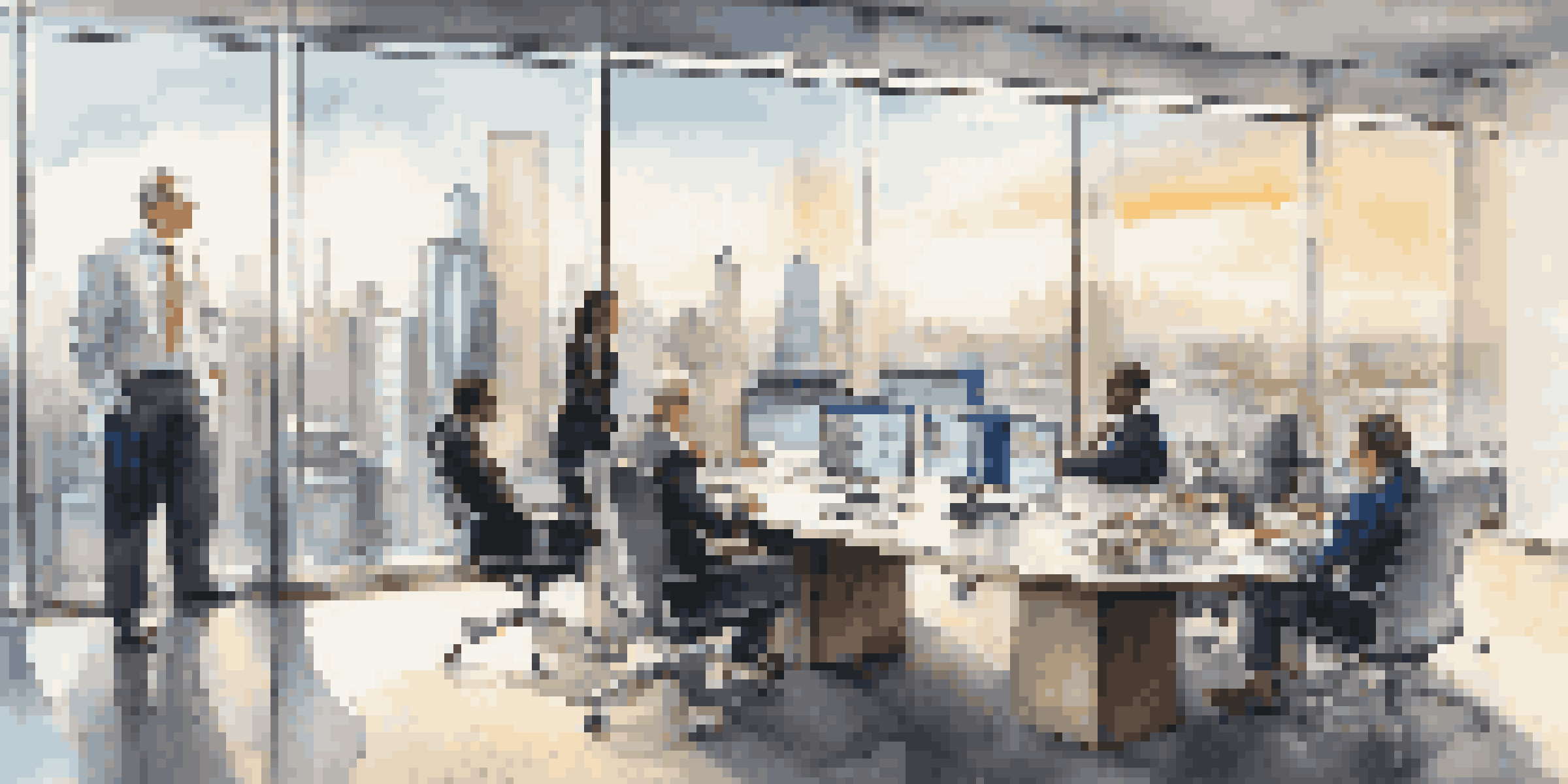 A modern investment banking office featuring a city skyline, diverse bankers collaborating over financial data on digital screens.