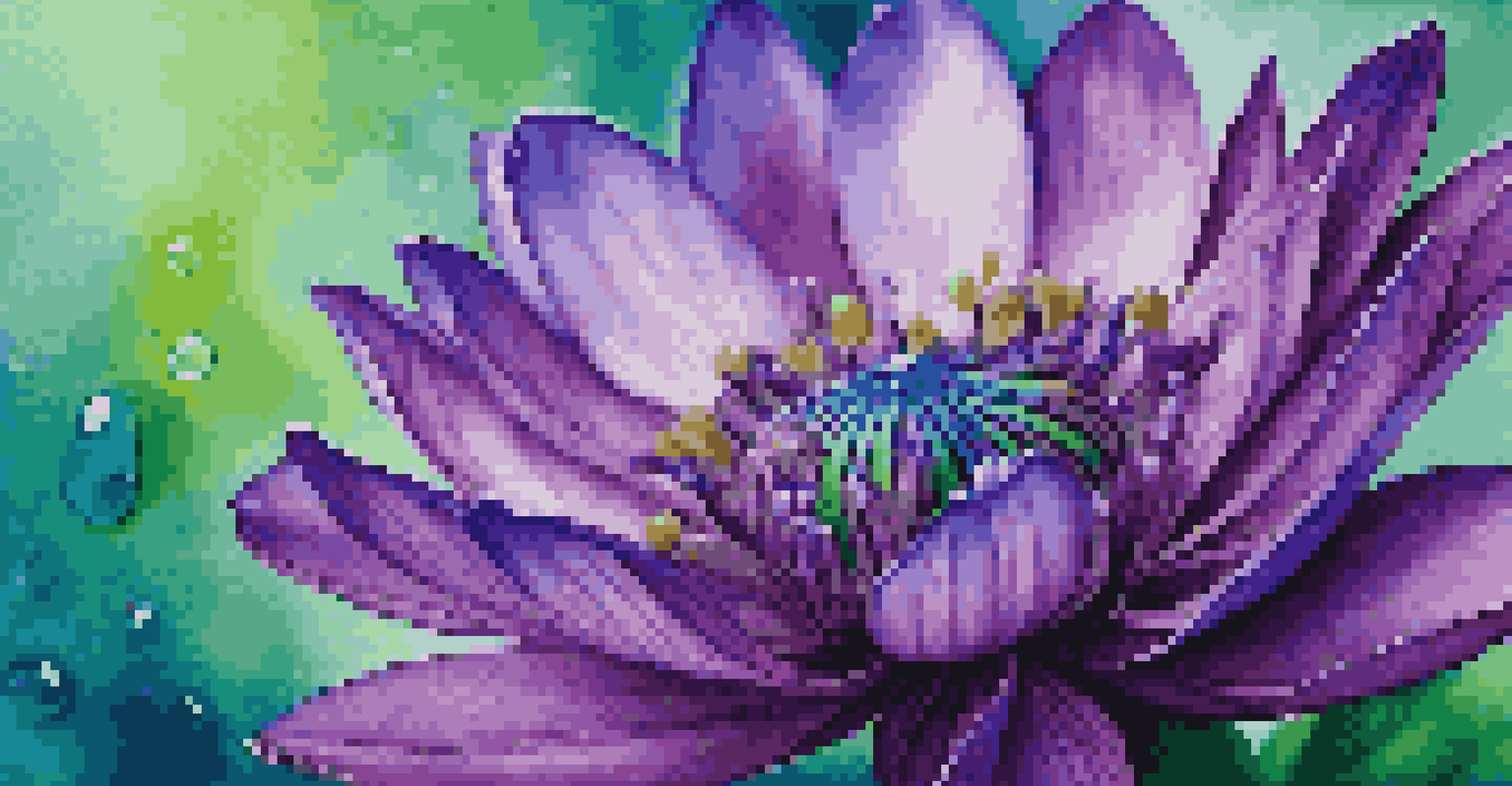 A close-up view of a blue and purple flower with soft petals and dewdrops, set against a blurred green background.
