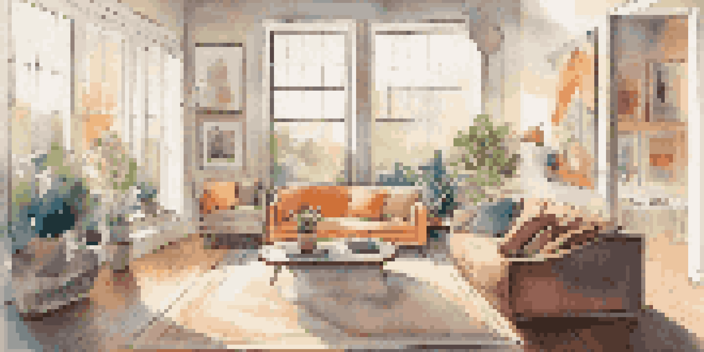 A cozy living room with a virtual display showing a stylish sofa in bright colors, illuminated by natural light from the windows.