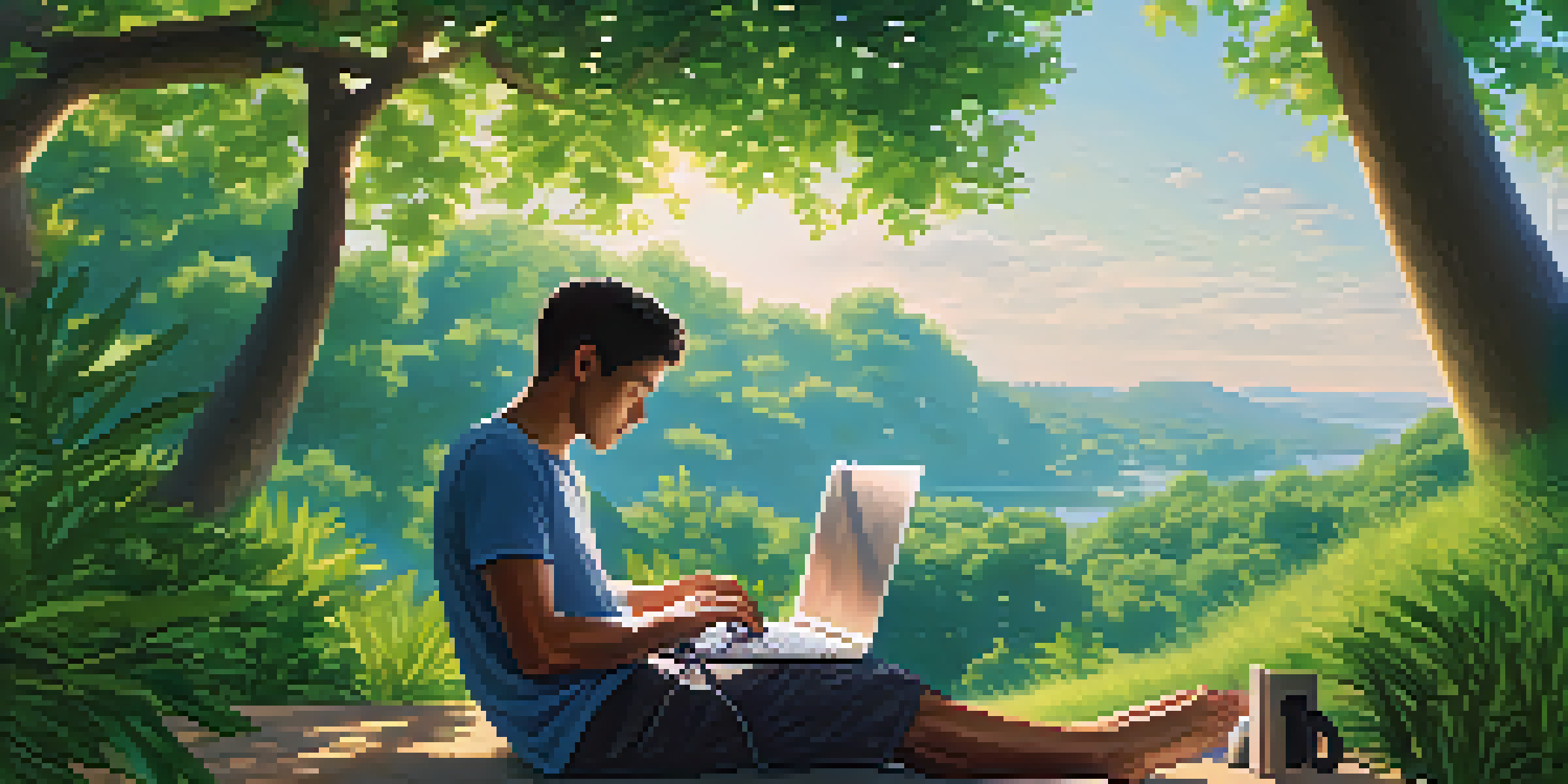 A data scientist sits outdoors, working on a laptop surrounded by greenery and sunlight, with data visualizations on the screen.