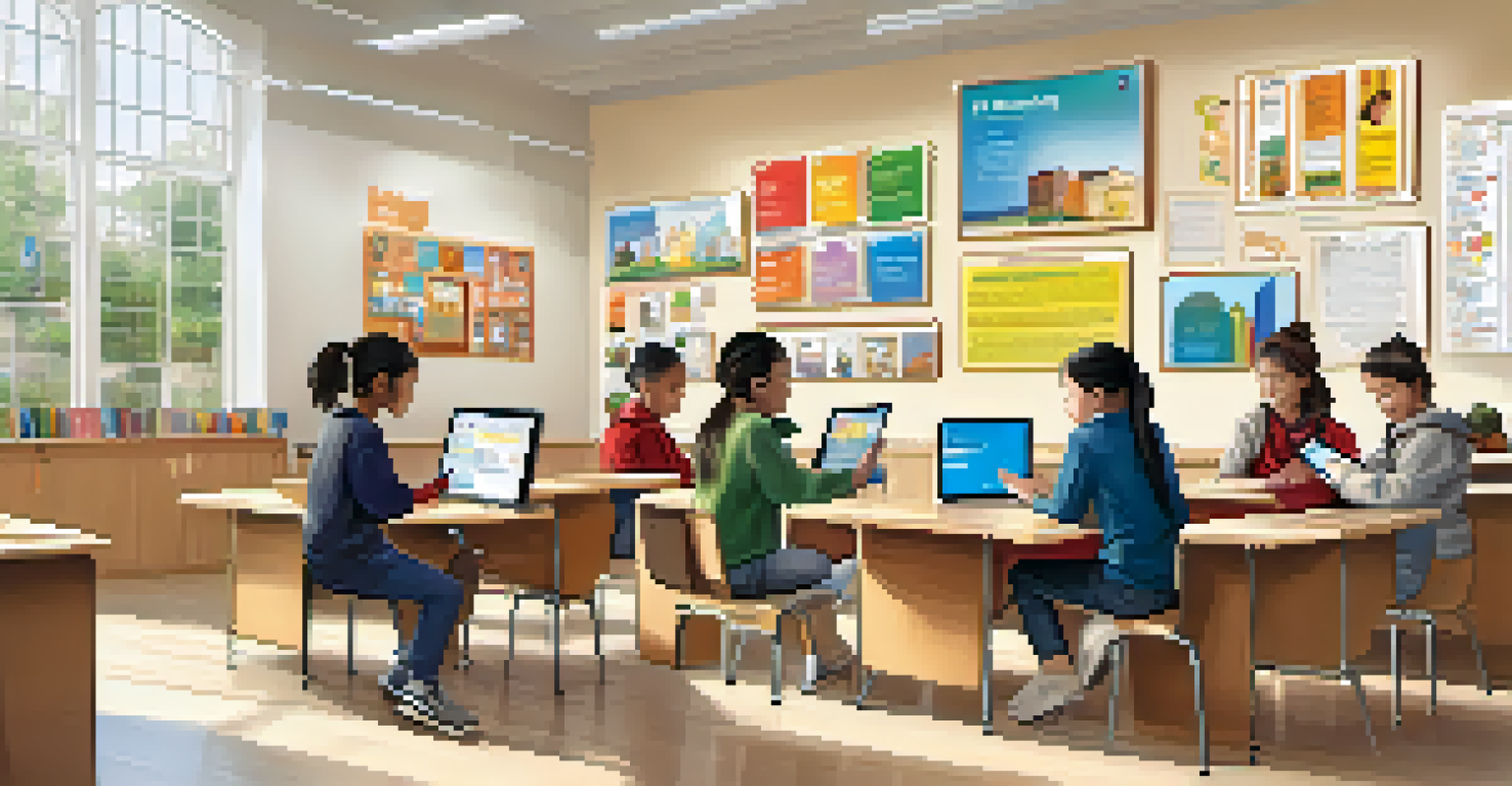 Students from diverse backgrounds using tablets with AI translation tools in a bright classroom.