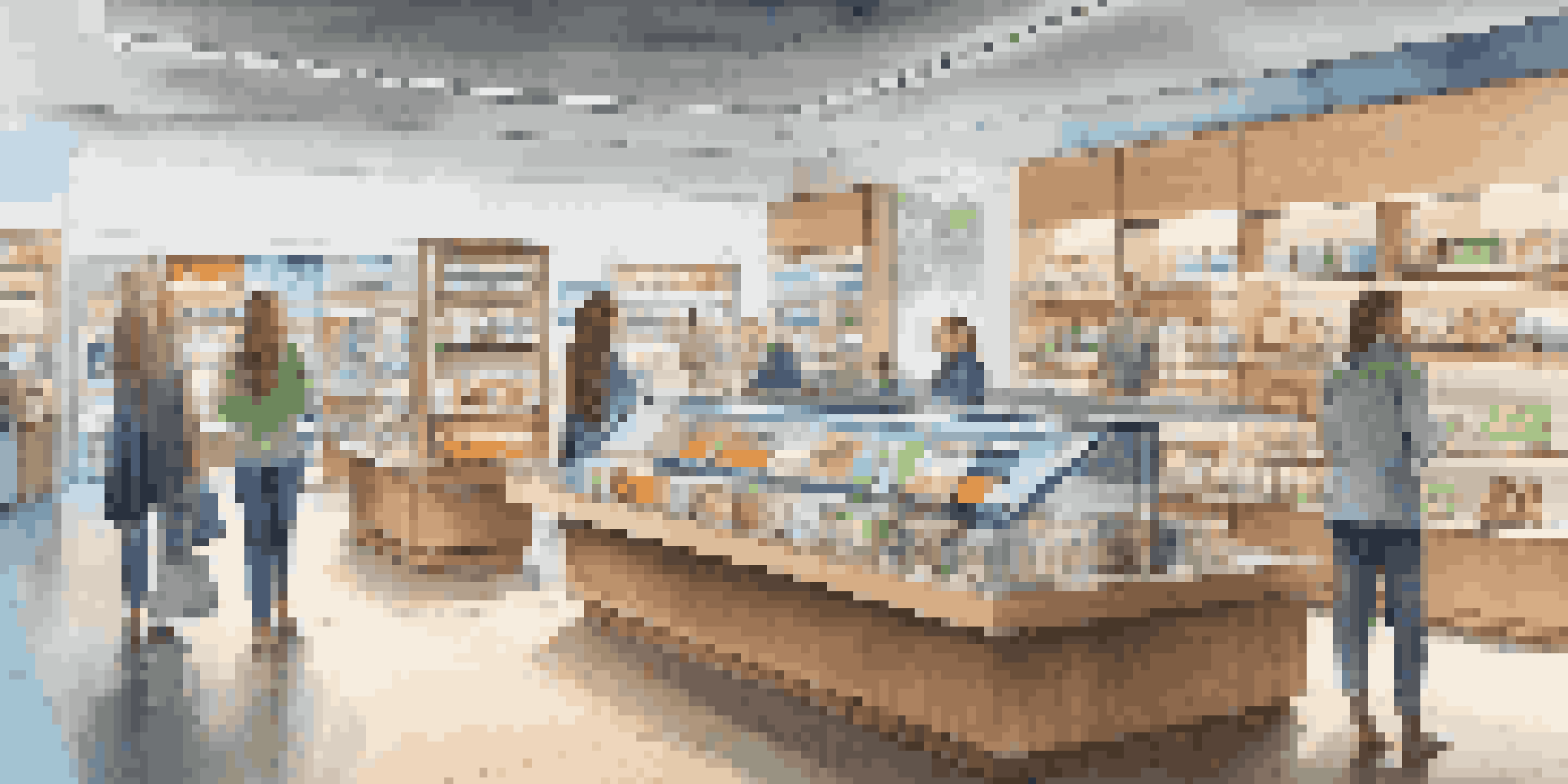 A modern retail store interior with smart shelves and customers interacting with personalized promotions under warm lighting.
