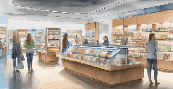 A modern retail store interior with smart shelves and customers interacting with personalized promotions under warm lighting.