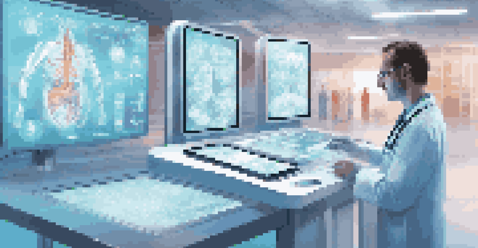 A doctor using a tablet with an AI interface in a modern healthcare setting, analyzing medical images.