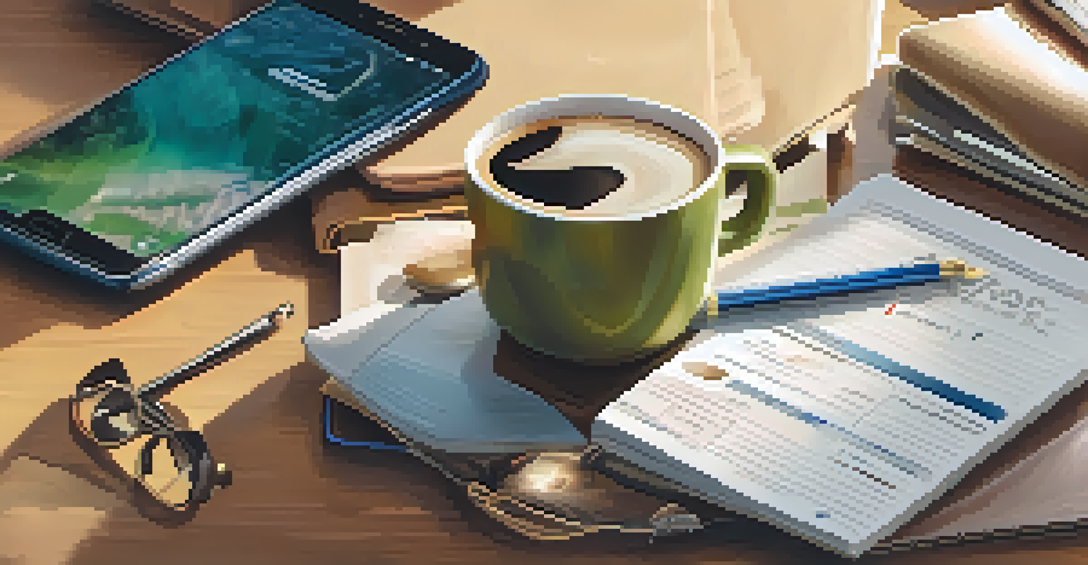 A smartphone showing a privacy policy webpage, surrounded by a coffee cup and notebook, in a warm, cozy setting.