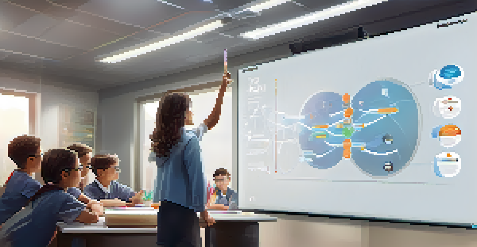 A teacher presenting a lesson on a digital whiteboard to a captivated group of students in a modern classroom.