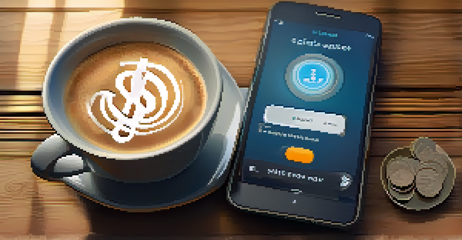 An overhead view of a smartphone showing a digital wallet app with a glowing contactless symbol, placed on a wooden table with a coffee cup and coins.