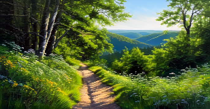 A peaceful hiking trail surrounded by a green forest with sunlight filtering through leaves and colorful wildflowers along the edges.