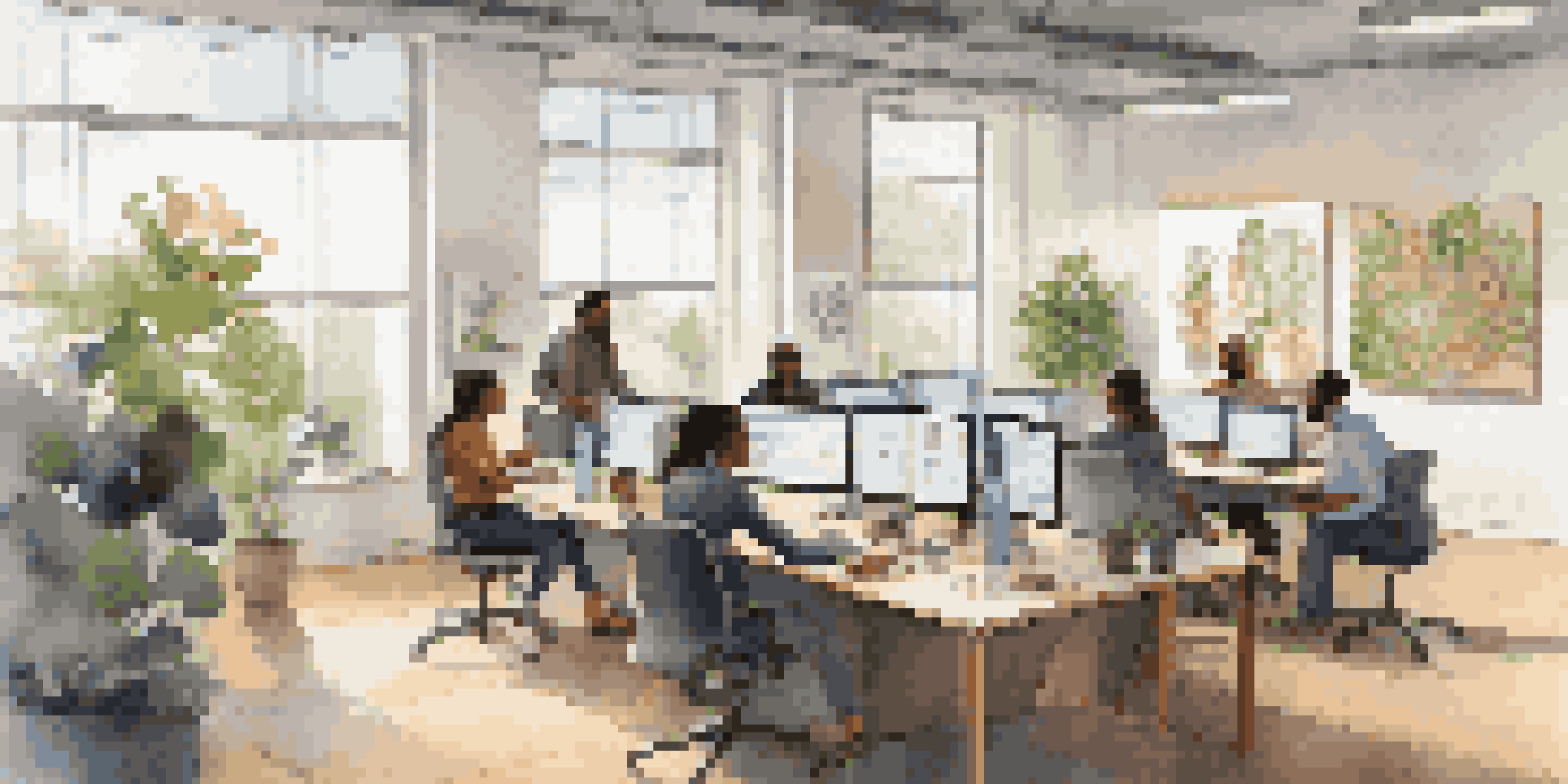 A diverse team working together in a bright office, analyzing data on laptops and screens, surrounded by plants and artwork.