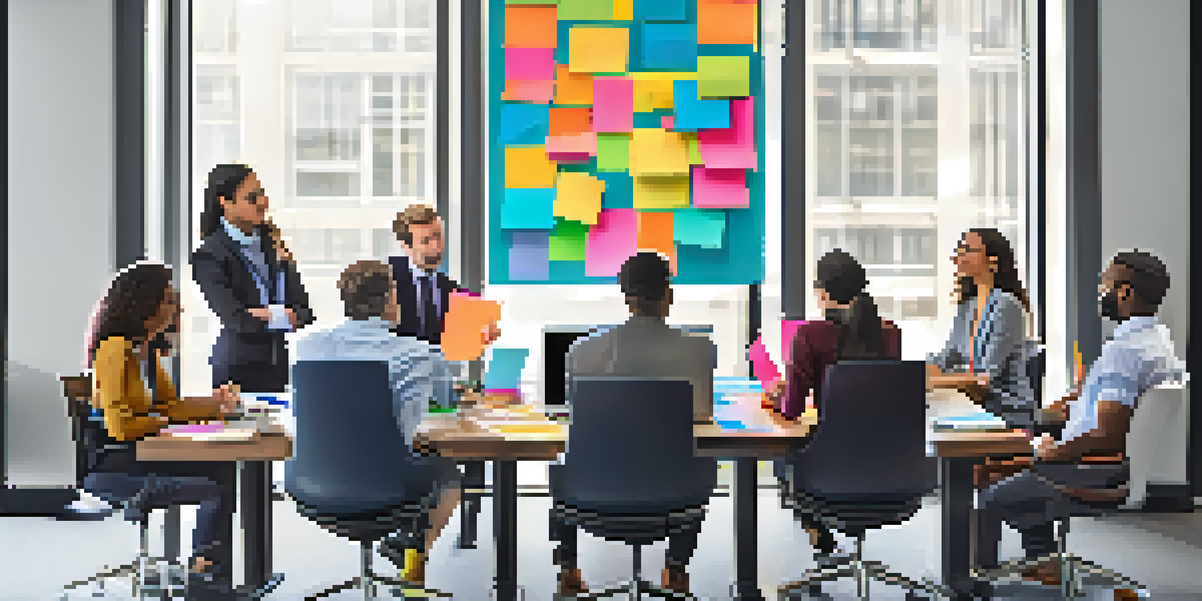 A diverse group of professionals collaborating around a conference table with laptops and sticky notes, in a bright room filled with natural light.