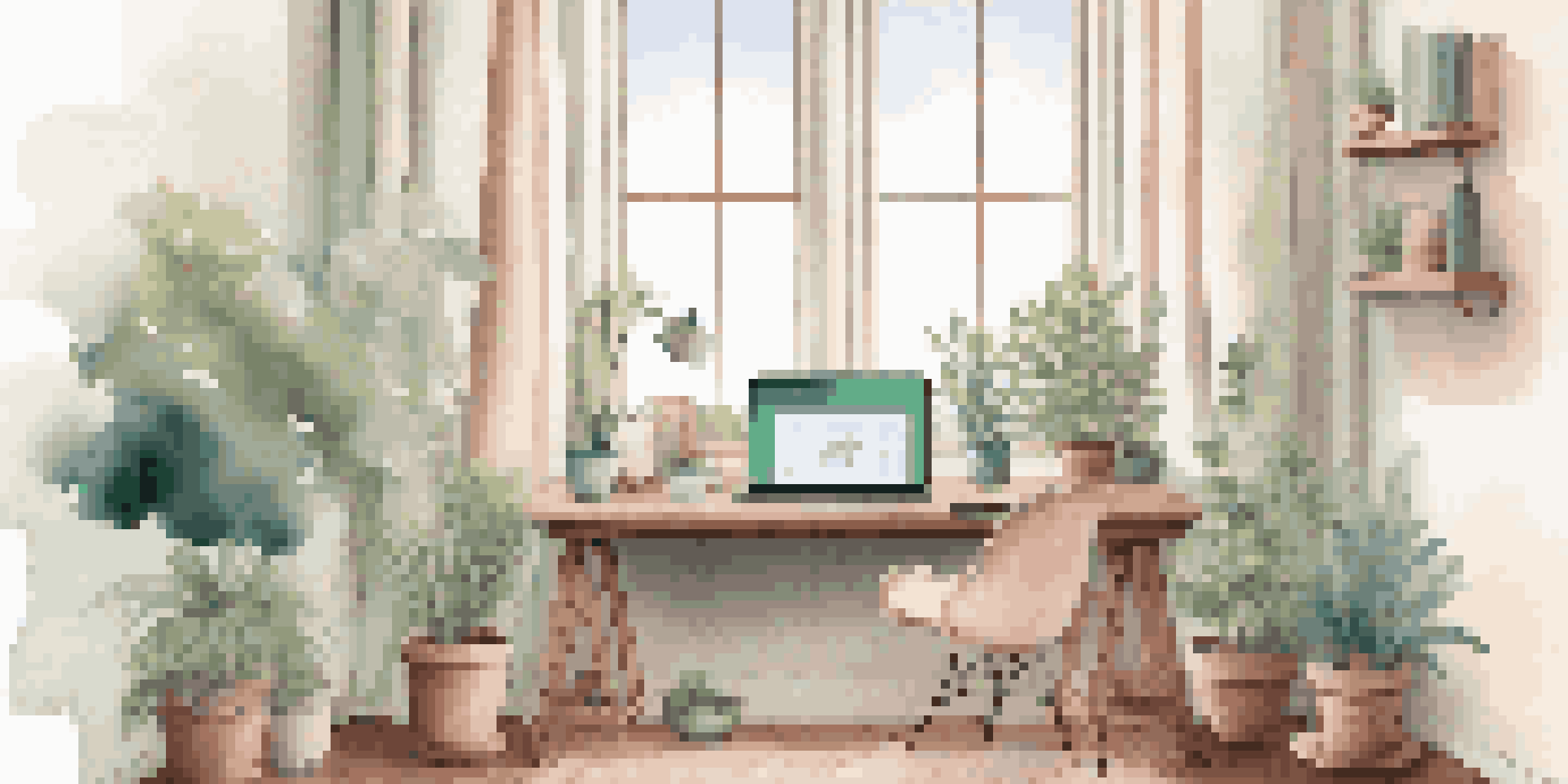 A modern workspace with a laptop showing a mental health app, natural light, and a potted plant.