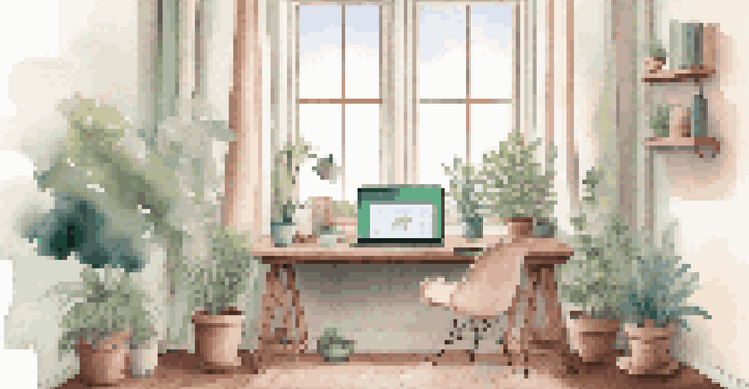 A modern workspace with a laptop showing a mental health app, natural light, and a potted plant.