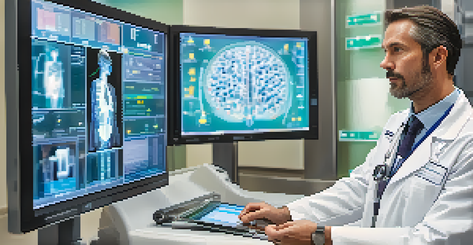 A healthcare professional looking at a remote monitoring system displaying a patient's vital signs in a medical setting.
