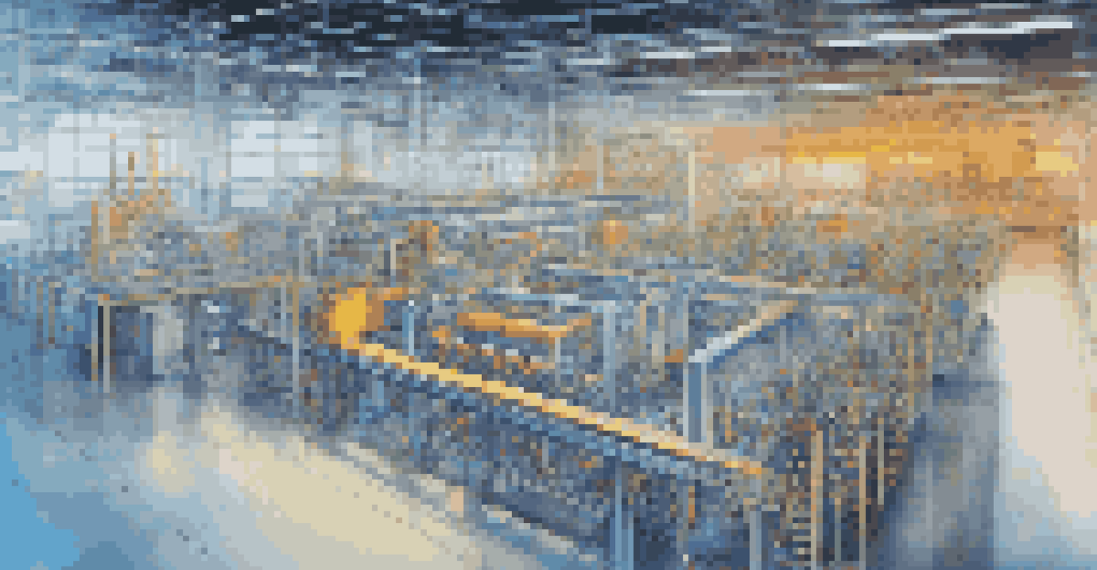 A colorful 3D digital model of a factory's production line, overlaid with performance metrics and data.