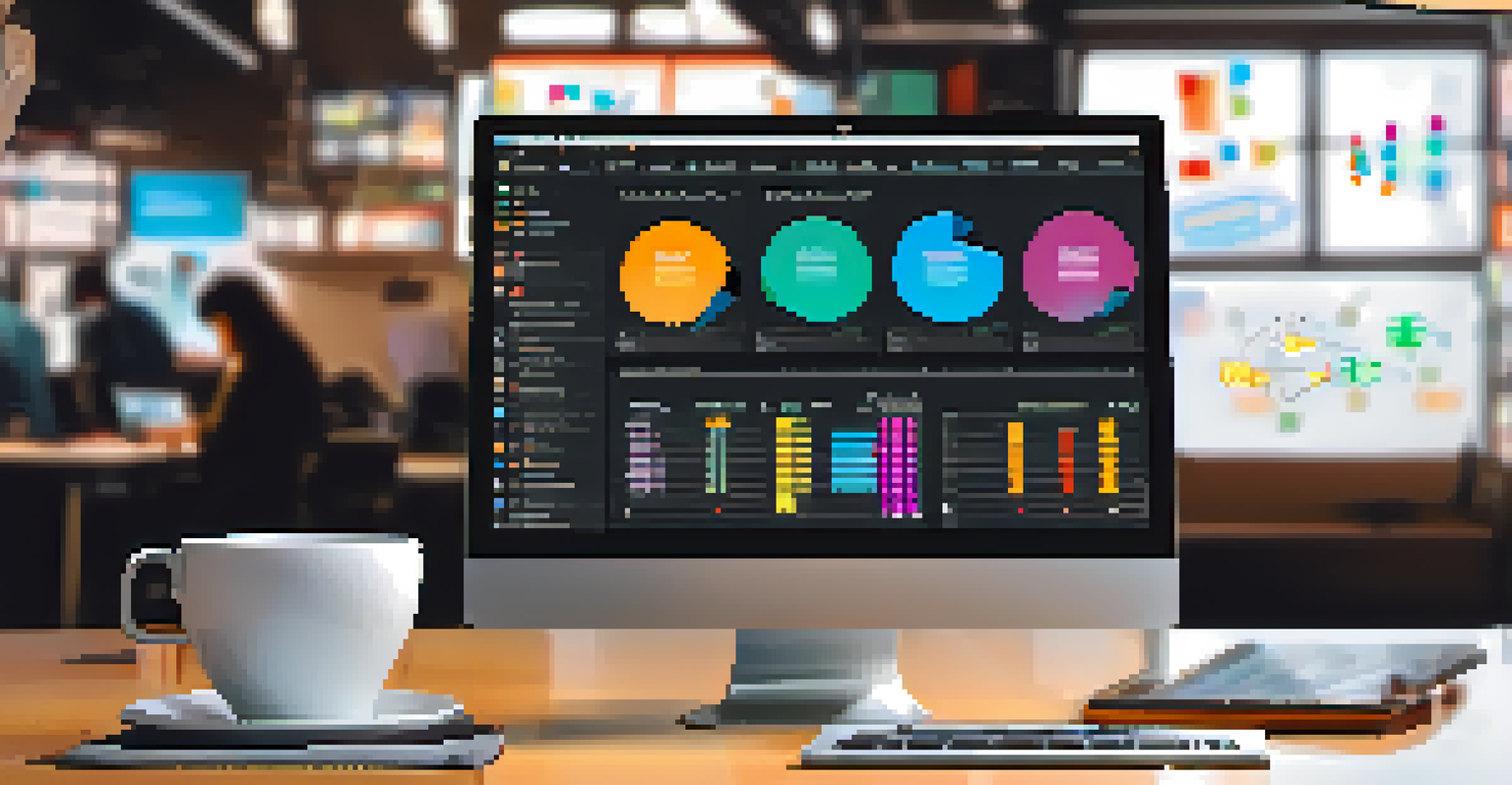 A laptop screen showing a digital collaboration tool, with colorful charts and lists, while a person is seen typing in the background.