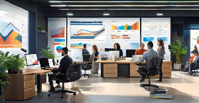 A diverse group of professionals in a modern office discussing e-commerce analytics with a large screen showing graphs.